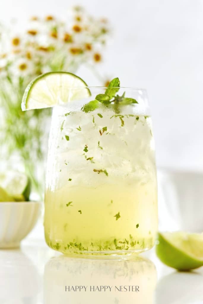 A refreshing mojito in a clear glass garnished with a lime slice and mint leaves. Ice cubes fill the glass, with herbs visible in the drink. A bowl of limes and a vase of daisies are blurred in the background.