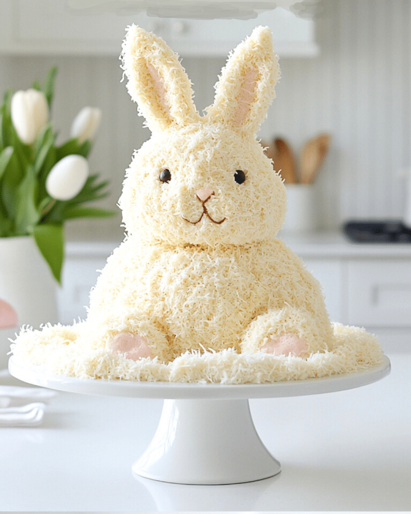 A cake shaped like a fluffy bunny sits on a white stand, showcasing textured icing resembling fur. With ears, eyes, and a nose crafted from frosting, this delightful creation is among the best spring cakes. In the background, a vase with white tulips and a kitchen setting add charm.