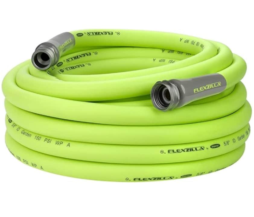 A coiled, bright green garden hose with gray connectors on both ends. The hose features the brand name "Flexzilla" and specifications printed along its length.