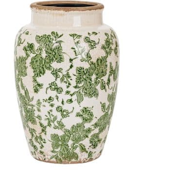 A ceramic vase with a wide opening featuring a white background covered in intricate green floral patterns. The texture is slightly cracked, adding a vintage feel. The vase has a glossy finish with a natural-colored rim.