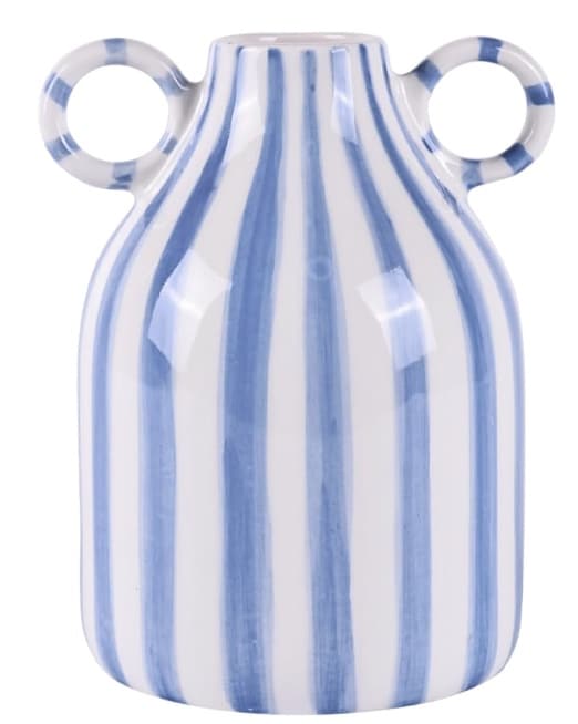 A ceramic vase with two circular handles, featuring vertical blue and white stripes—perfect for adding a fresh touch to your spring kitchen decor.