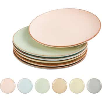 A stack of pastel-colored plates, each with a thin, contrasting rim. The colors include peach, mint green, light blue, pale yellow, and cream. Below the stack are individual images of each plate, showcasing their distinct colors.