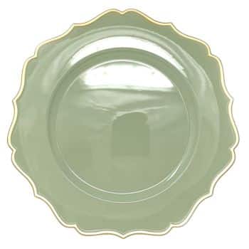 A round, glossy green ceramic plate with scalloped edges and a subtle gold trim. The plate is empty and displayed against a white background.