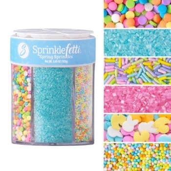 Image of a container labeled "Sprinklefetti Spring Sprinkles" with seven compartments, perfect for decorating your favorite spring cookies. Each section holds different colorful sprinkles: round, jimmies, crystal-like, and heart shapes in delightful pastel colors.