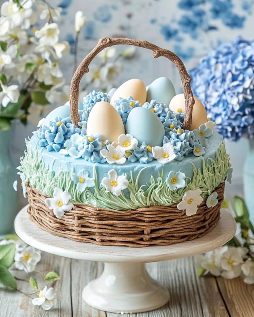 This decorative cake, one of the best spring cakes, is designed like a wicker basket filled with pastel-colored eggs and blue flowers. Delicate white and blue blooms with green frosting leaves adorn it beautifully, sitting on a pristine white cake stand.