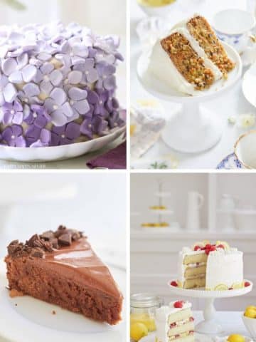 A collage of the best spring cakes: a purple floral cake, a slice of carrot cake, a decadent slice of chocolate cake, and a layered cake adorned with fresh berries. Each delightful creation is elegantly presented on a pristine white setting.