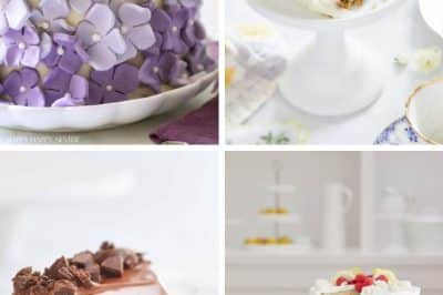 A collage of the best spring cakes: a purple floral cake, a slice of carrot cake, a decadent slice of chocolate cake, and a layered cake adorned with fresh berries. Each delightful creation is elegantly presented on a pristine white setting.