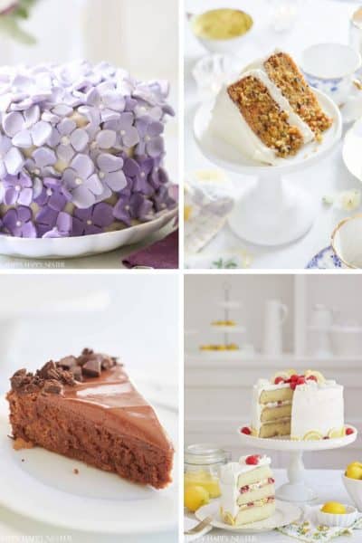 A collage of the best spring cakes: a purple floral cake, a slice of carrot cake, a decadent slice of chocolate cake, and a layered cake adorned with fresh berries. Each delightful creation is elegantly presented on a pristine white setting.