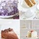 A collage of the best spring cakes: a purple floral cake, a slice of carrot cake, a decadent slice of chocolate cake, and a layered cake adorned with fresh berries. Each delightful creation is elegantly presented on a pristine white setting.