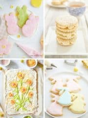 Four images of favorite spring cookies: 1) Bunny-shaped with pastel sugar. 2) Stack of round cookies adorned with floral patterns. 3) Bar cookies featuring piped flowers. 4) Dress-shaped cookies in soft pastel hues, capturing the essence of the season's delight.