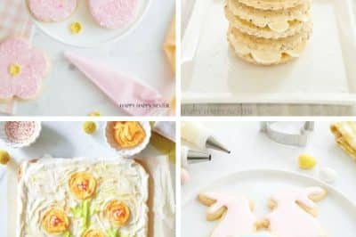 Four images of favorite spring cookies: 1) Bunny-shaped with pastel sugar. 2) Stack of round cookies adorned with floral patterns. 3) Bar cookies featuring piped flowers. 4) Dress-shaped cookies in soft pastel hues, capturing the essence of the season's delight.