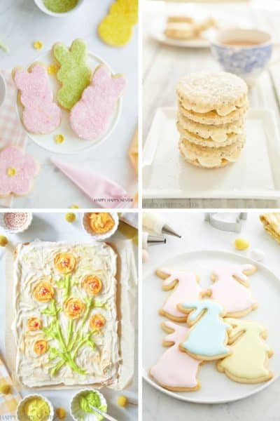 Four images of favorite spring cookies: 1) Bunny-shaped with pastel sugar. 2) Stack of round cookies adorned with floral patterns. 3) Bar cookies featuring piped flowers. 4) Dress-shaped cookies in soft pastel hues, capturing the essence of the season's delight.