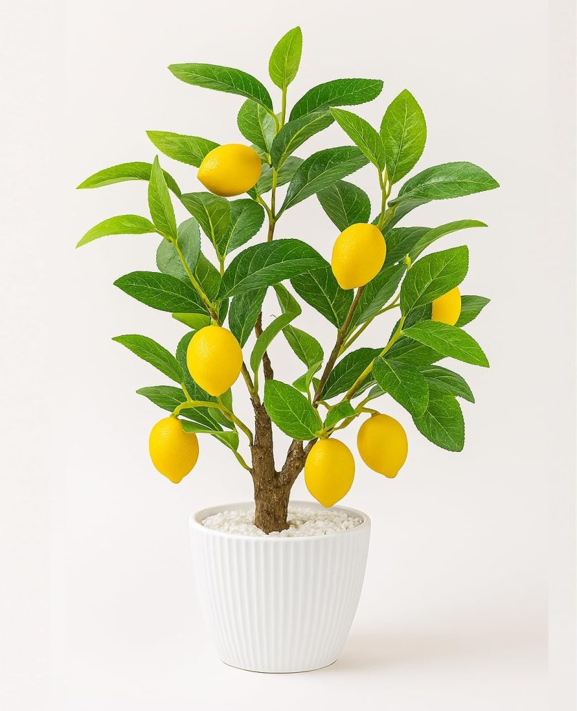 A small potted lemon tree with bright green leaves and ripe yellow lemons, placed in a white ribbed ceramic pot filled with white pebbles, makes a fresh addition to spring kitchen decor against a plain light background.