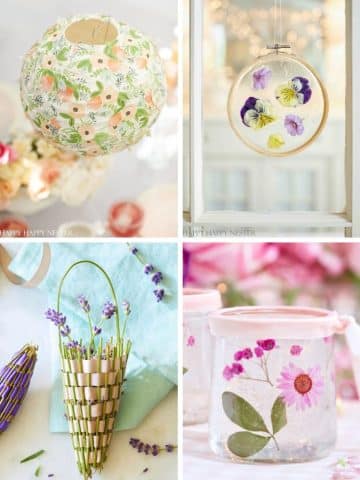 A collage of four of my favorite summer crafts: Top left is a floral lantern, top right showcases pressed flowers in an embroidery hoop, bottom left features lavender stalks woven with ribbon, and bottom right is a jar decorated with pressed flowers.