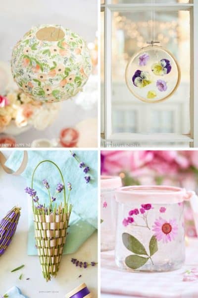 A collage of four of my favorite summer crafts: Top left is a floral lantern, top right showcases pressed flowers in an embroidery hoop, bottom left features lavender stalks woven with ribbon, and bottom right is a jar decorated with pressed flowers.