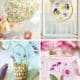 A collage of four of my favorite summer crafts: Top left is a floral lantern, top right showcases pressed flowers in an embroidery hoop, bottom left features lavender stalks woven with ribbon, and bottom right is a jar decorated with pressed flowers.