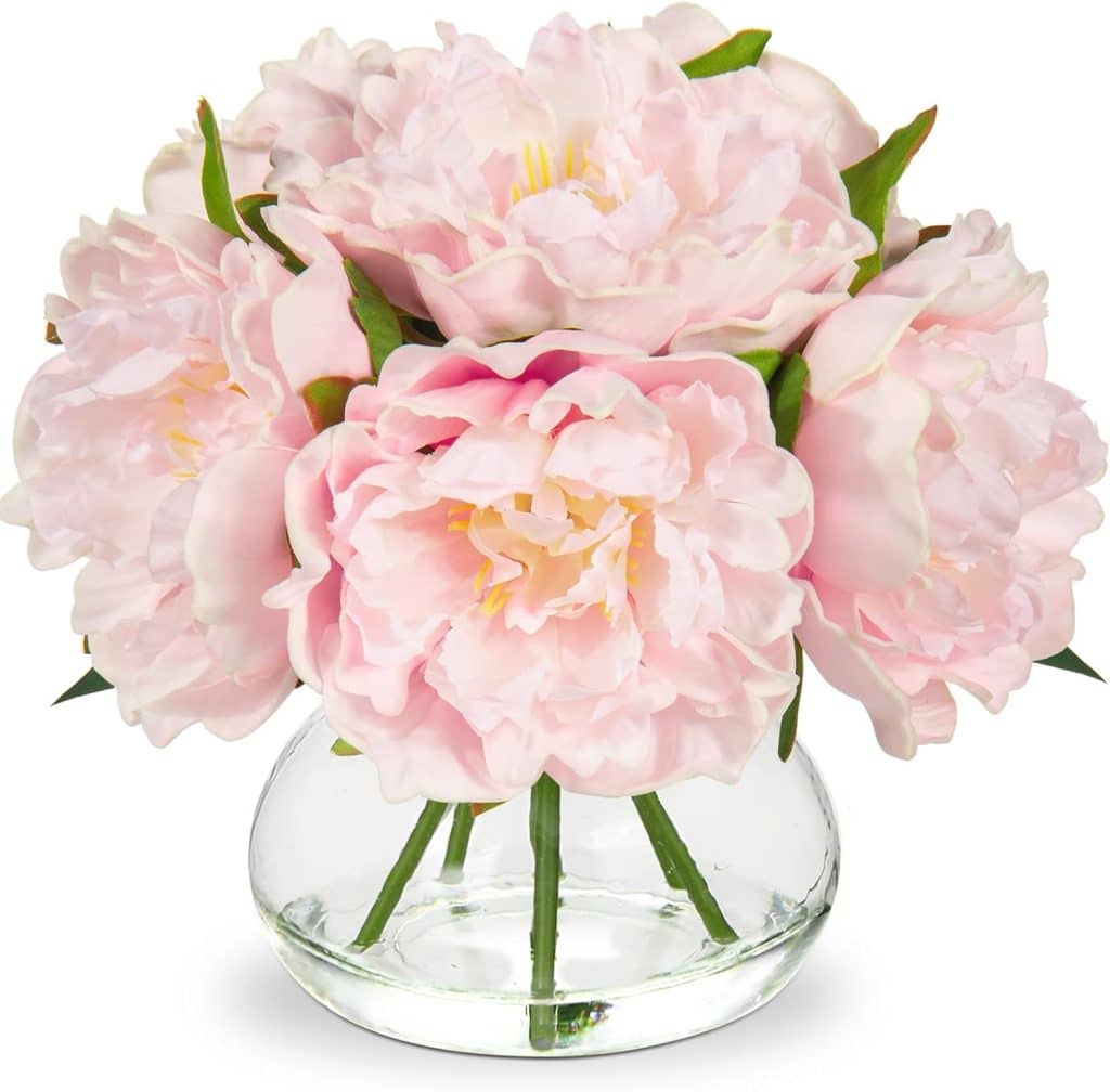 A clear glass vase filled with water holds several large, light pink peony flowers with green stems and leaves—beautifully bloomed for delicate, ruffled petals. Perfect as elegant spring kitchen decor.