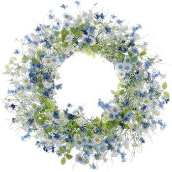 A circular floral wreath made of small blue and white flowers, green leaves, and delicate greenery, creating a light and airy arrangement.