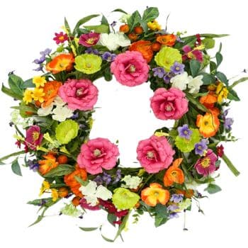 A colorful floral wreath with pink, orange, yellow, purple, and white flowers, accented by green leaves, arranged in a circular shape on a white background.