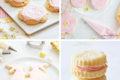 A collage of four images featuring pastel-colored Easter cookies, including frosted rounds, bunny and flower-shaped sugar cookies, and stacked sandwich cookies—perfect as favorite summer cookies for any celebration.