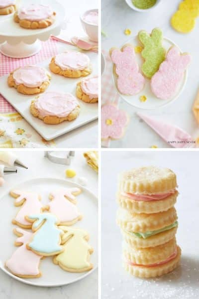 A collage of four images featuring pastel-colored Easter cookies, including frosted rounds, bunny and flower-shaped sugar cookies, and stacked sandwich cookies—perfect as favorite summer cookies for any celebration.