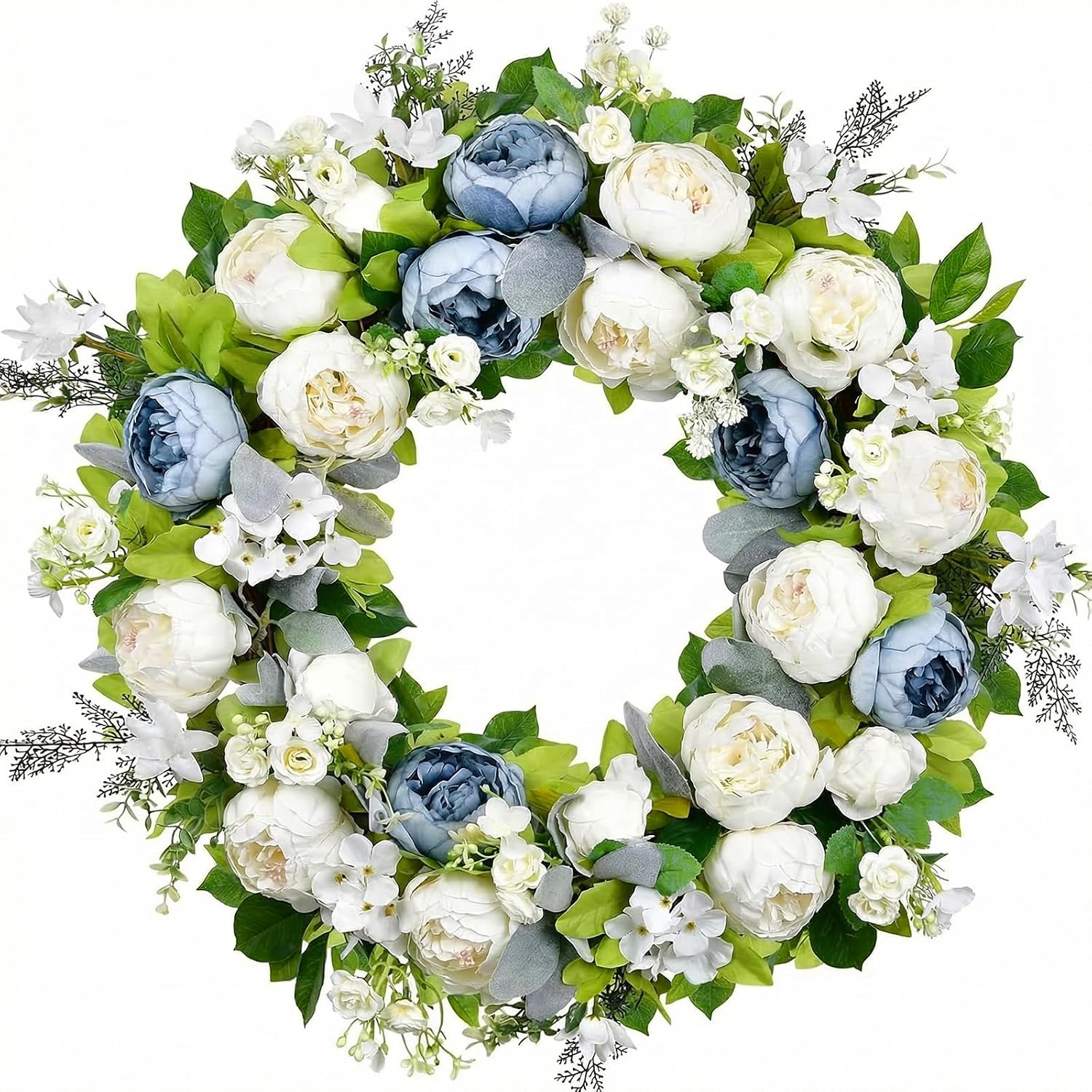 A decorative wreath inspired by colorful summer wreaths, featuring white, pale blue, and cream peony flowers, green leaves, and small white blossoms beautifully arranged in a circular shape.