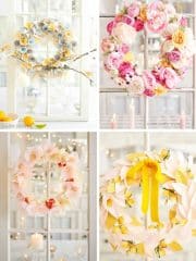 Four decorative spring wreaths—my favorite summer wreaths—are displayed on glass doors: one with blue and yellow eggs, one with pink flowers, one with pastel blooms, and one with yellow flowers and a ribbon. Candles and lemons accent the background.