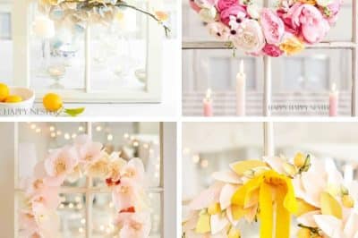 Four decorative spring wreaths—my favorite summer wreaths—are displayed on glass doors: one with blue and yellow eggs, one with pink flowers, one with pastel blooms, and one with yellow flowers and a ribbon. Candles and lemons accent the background.