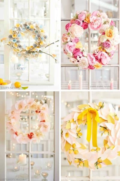 Four decorative spring wreaths—my favorite summer wreaths—are displayed on glass doors: one with blue and yellow eggs, one with pink flowers, one with pastel blooms, and one with yellow flowers and a ribbon. Candles and lemons accent the background.