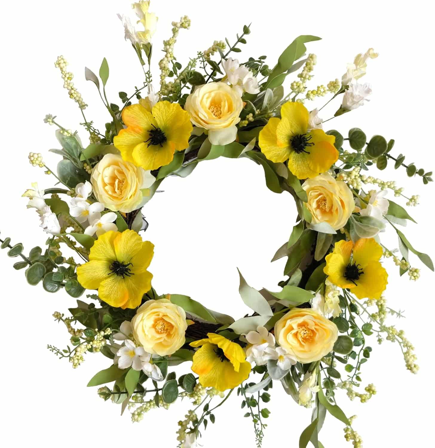 A colorful summer wreath, this circular arrangement features yellow roses, poppies, white flowers, and assorted green foliage in a bright, cheerful design against a white background.