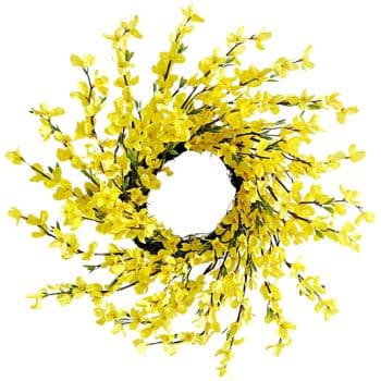 A circular wreath made of numerous small, bright yellow artificial flowers with green stems, arranged densely to form a vibrant, sunburst-like pattern on a white background.