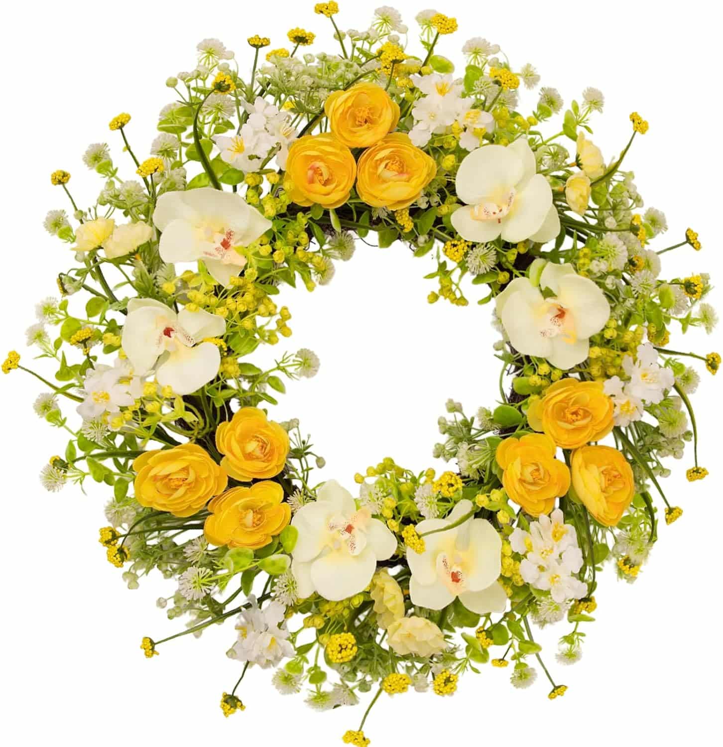 A circular floral wreath featuring yellow roses, white orchids, small white flowers, and assorted green foliage brings the charm of colorful summer wreaths to life, beautifully arranged against a white background.