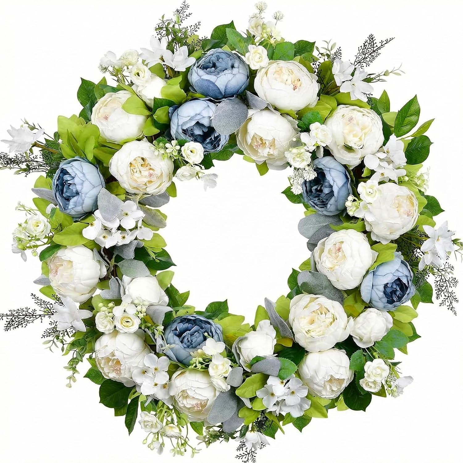 A decorative 4th of July wreath made of white and pale blue peony flowers, white blossoms, green leaves, and sprigs of grey foliage, all arranged in a circular shape against a white background.