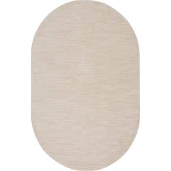 Oval-shaped, light beige rug with a subtle textured pattern, displayed against a white background.