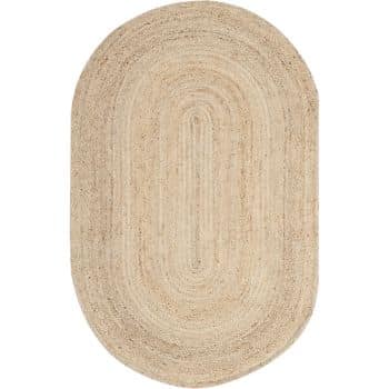 Oval-shaped braided rug in light beige tones with a textured, layered pattern.