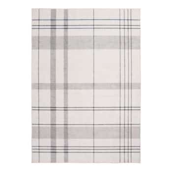 A rectangular area rug featuring a simple plaid pattern with intersecting gray and black lines on a white background.