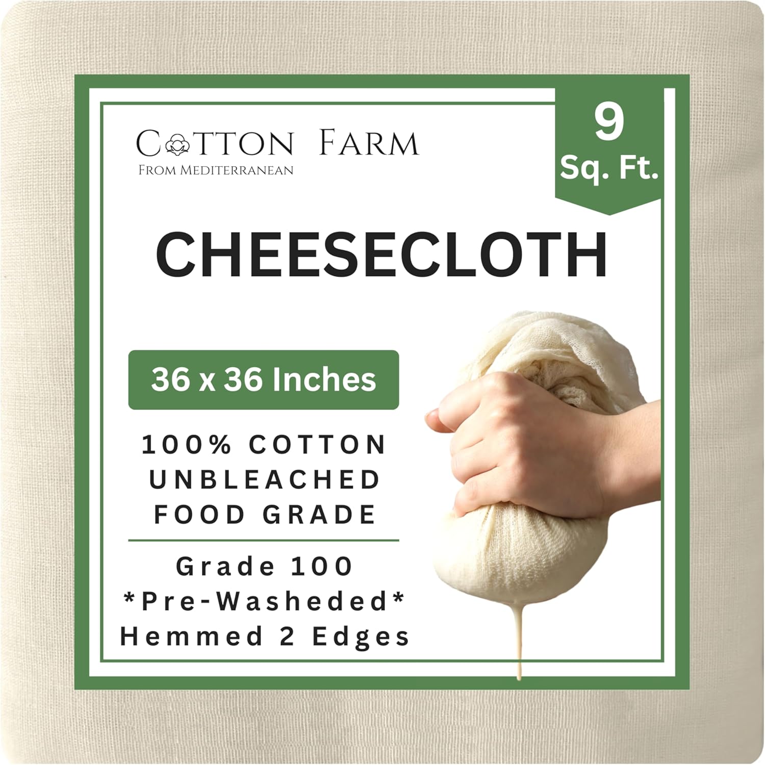 A package of Cotton Farm cheesecloth, 36x36 inches, 100% unbleached cotton, Grade 100, perfect for food prep—like learning how to make a tender juicy steak. Pre-washed with hemmed edges; label shows liquid squeezed from cloth.