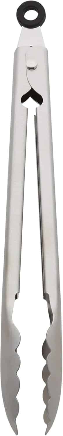 A stainless steel kitchen tong with scalloped gripping edges and a black locking ring at the top—perfect for learning how to make a tender juicy steak—viewed from above against a white background.