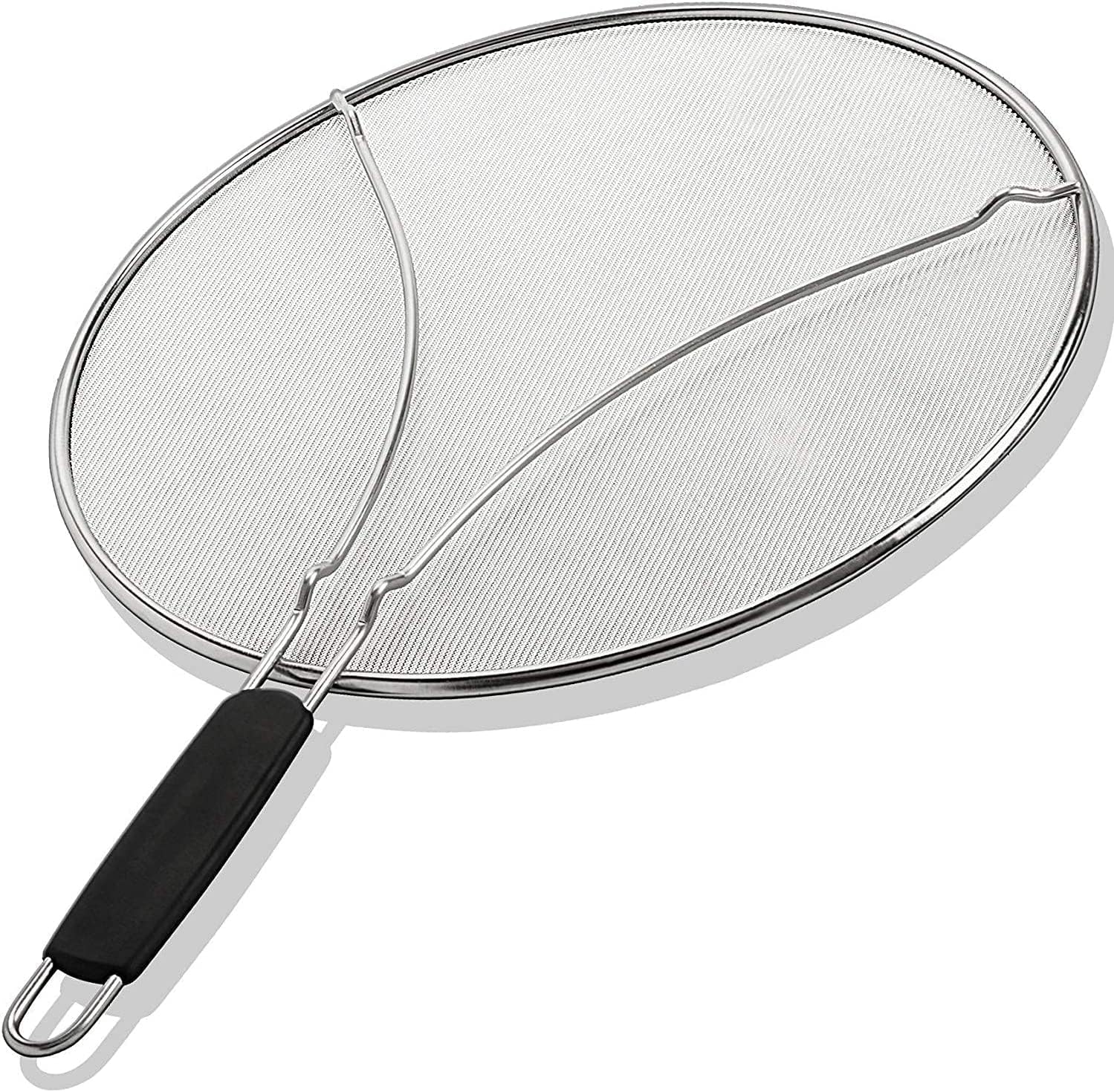 A round, fine-mesh splatter screen with a metal frame and black handle, perfect for covering pans and keeping oil splatters at bay—an essential tool when learning how to make a tender juicy steak.
