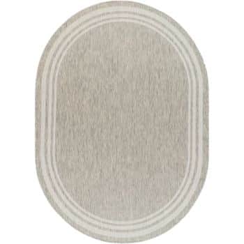 Oval-shaped rug in a light gray color with two thin, white concentric border lines near the edges on a plain background.