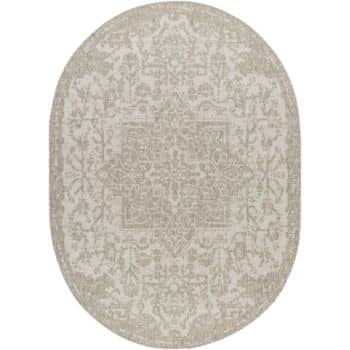 Oval-shaped area rug with an intricate, symmetrical, light beige and cream floral pattern, resembling a vintage or traditional design. The overall look is subtle and elegant.