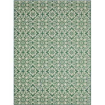 Green and cream area rug featuring an intricate geometric and floral tile pattern in repeating diamond shapes.