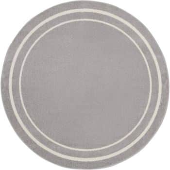 A round, light gray rug with two thin white concentric circles near the edges, set against a plain white background.