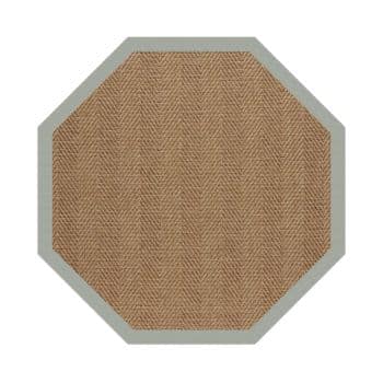 Octagonal rug with a light gray border and a tan, herringbone-patterned center.