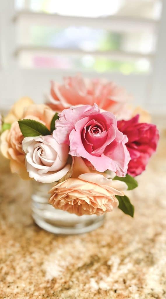 A small glass vase on a marble countertop holds a colorful bouquet of roses in shades of pink, peach, cream, and red—reminiscent of my favorite flower crafts—with a blurred background of a bright window.