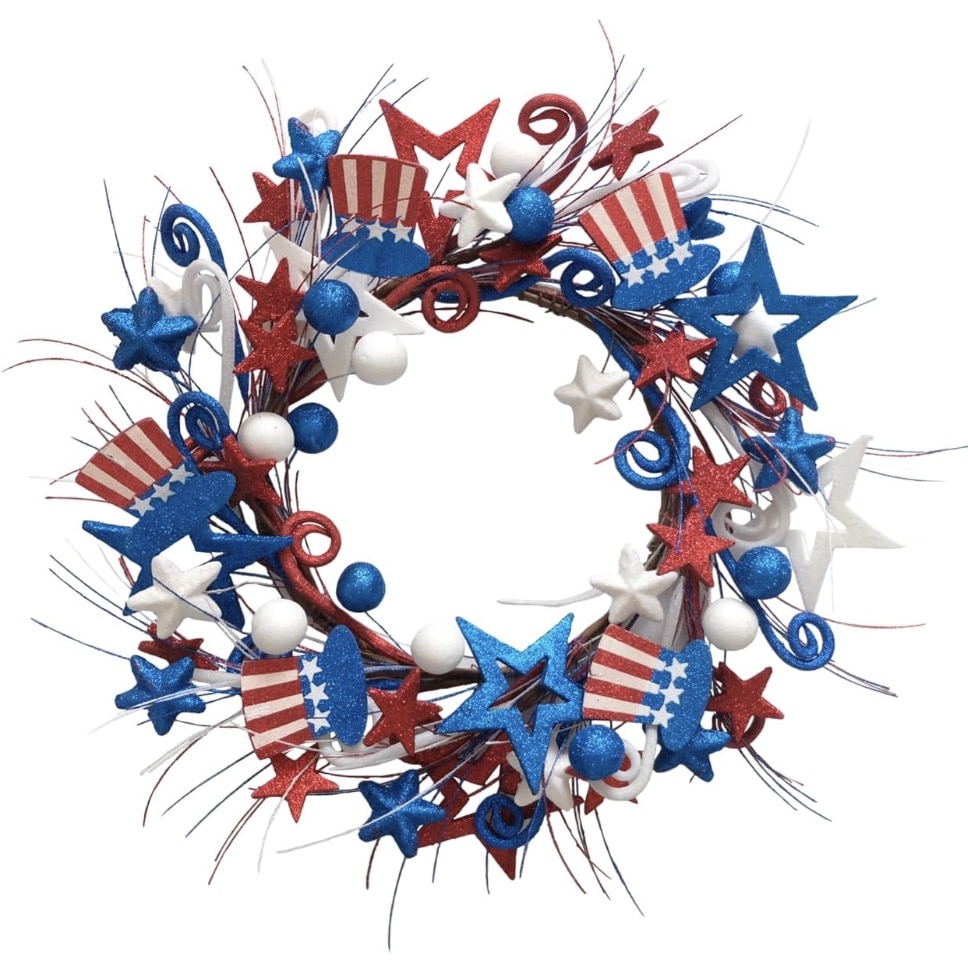 A circular 4th of July wreath decorated with red, white, and blue stars, glittery balls, swirls, and small American flag hats creates a festive patriotic theme.