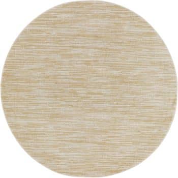 A round, beige rug with a subtle, horizontal striped pattern in varying shades of light tan and cream.