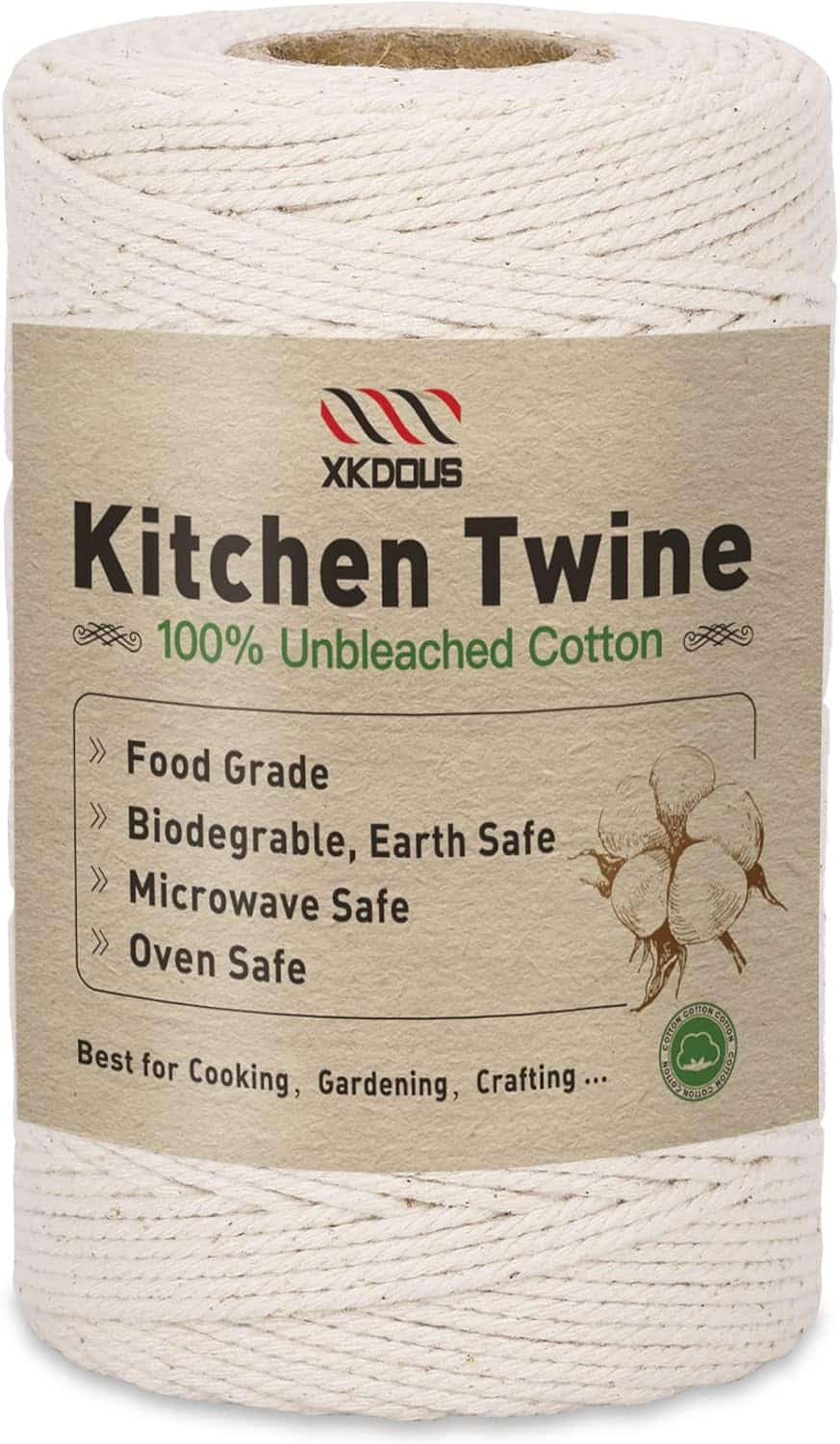 A spool of XKDOUS kitchen twine made from 100% unbleached cotton. Food grade and biodegradable, it's oven and microwave safe—perfect for crafting, gardening, or learning how to make a tender juicy steak by trussing meat like a pro.