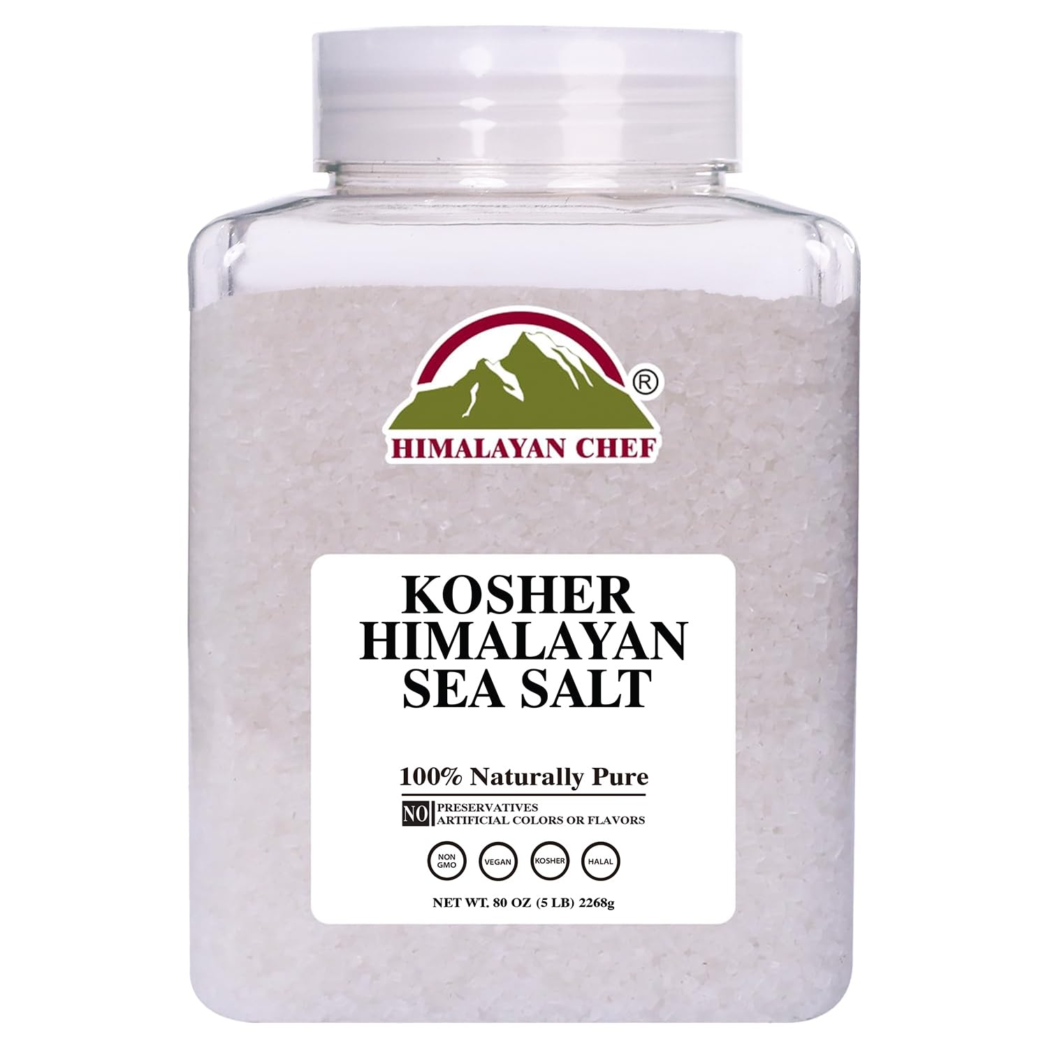 A clear plastic container labeled "Himalayan Chef Kosher Himalayan Sea Salt" filled with coarse pinkish-white salt—perfect for learning how to make a tender juicy steak. The label states "100% Naturally Pure" with no preservatives, artificial colors, or flavors.