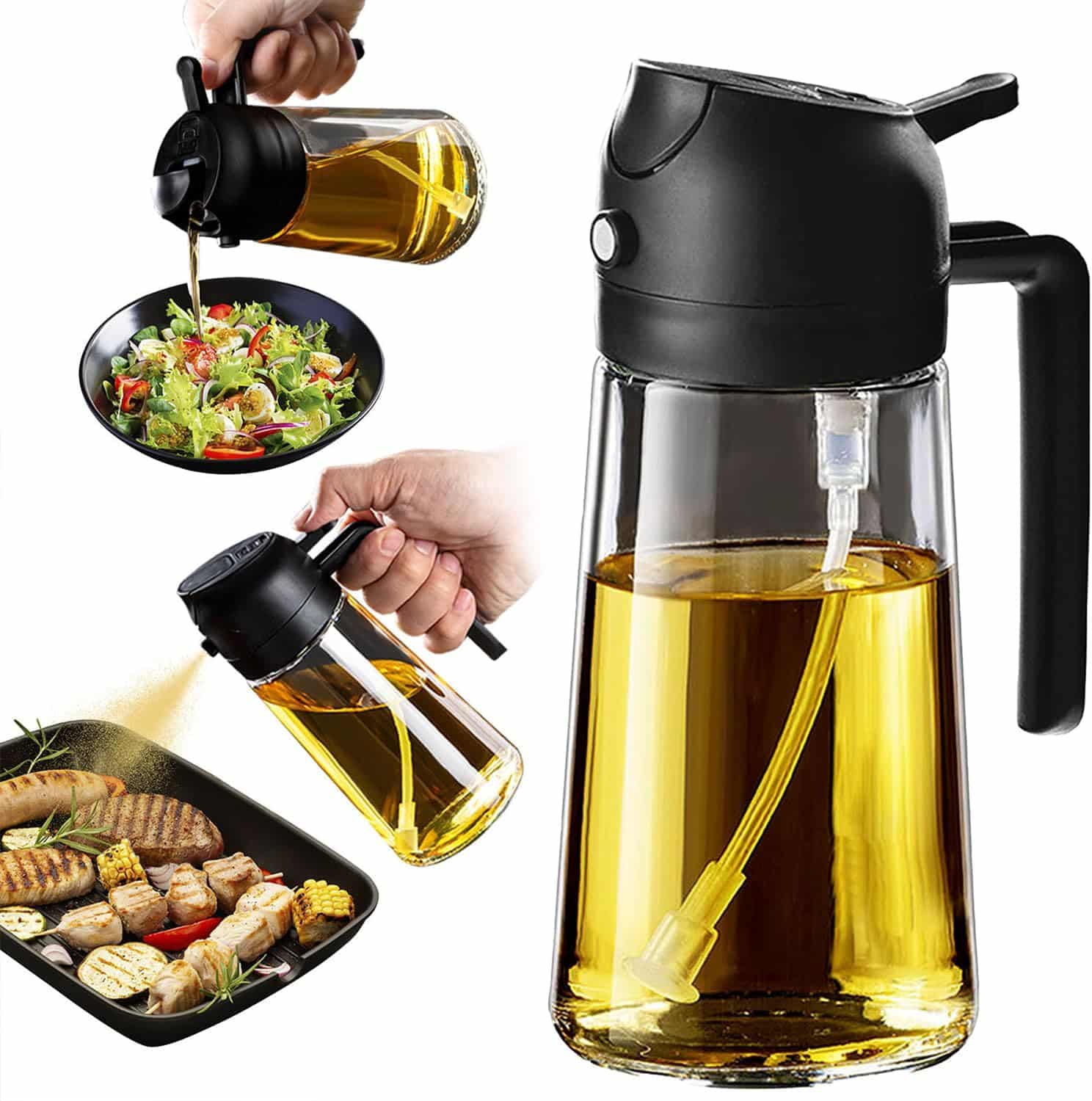 Glass oil dispenser with a black lid and handle, shown pouring oil onto salad and grilled food. Essential for anyone learning how to make a tender juicy steak, the built-in tube ensures controlled, even pouring every time.